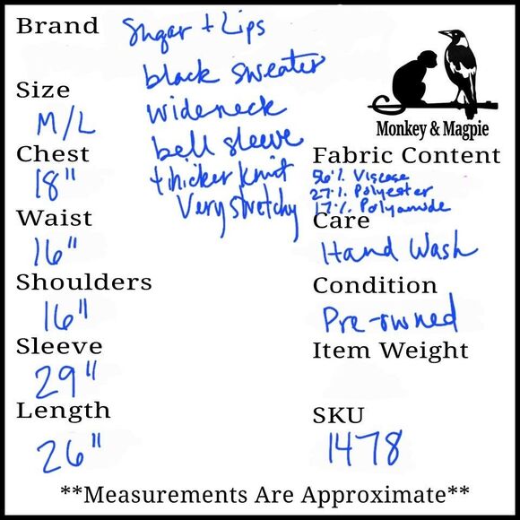 Sugarlips Luna Ruffle Cuff Long Bell Sleeve Shirt Black Top Sz M / L Boatneck - Picture 9 of 9